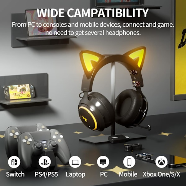GS510 Kattørehodetelefoner Trådløse Spillhodetelefoner for PS5/ PS4/ PC, Søt Hodetelefon 2.4G med Inntrekkbar Mikrofon, 7.1 Stereo Lyd, 8 Timer Pl
