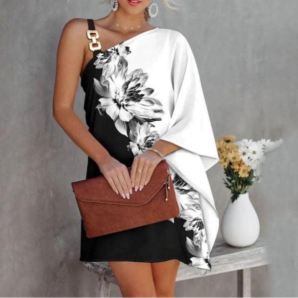 Pulloverklänningar för damer Lös fladdermus ärm Sexig metallrem Enaxelklänning Business Casual Festklubbklänning (svart och vit XXL)