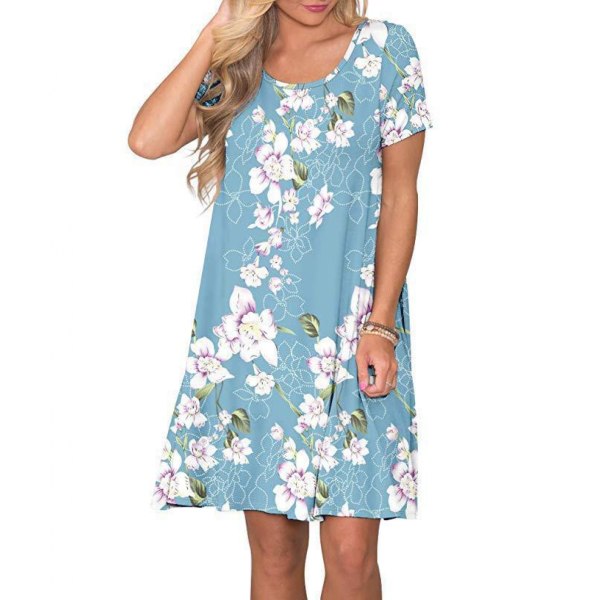 Womens Short Sleeve Dress Casual Crewneck Dresses Loose Comfy Swing Sundress with Pockets(Light Blue S)