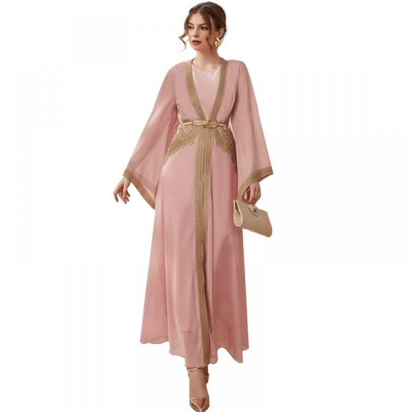 Stitching Dress Women Dress Islamic Arab Kaftan Lace Muslim Casual Long Sleeves Dresses for Women(Pale Pinkish Grey S)