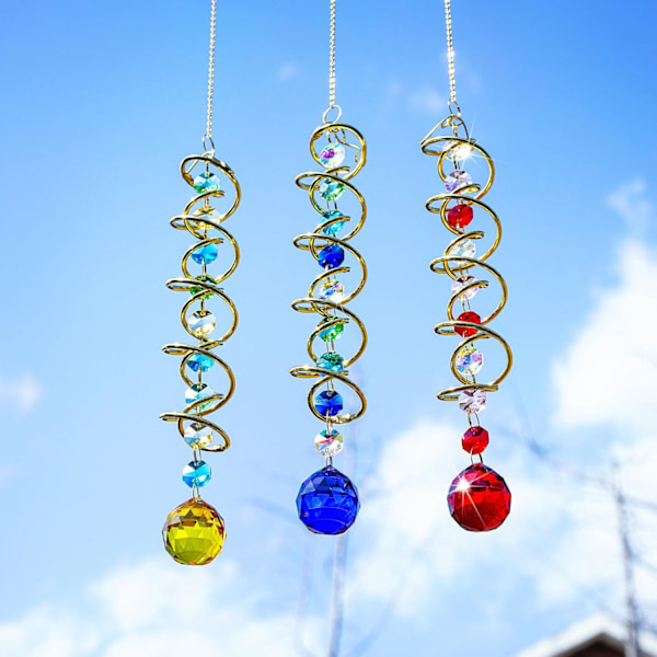 WJ123Glass Gazing Ball Spiral Tail Krystal Dekorativ Vindmølle Solfanger, 17.7in Regnbue Maker Dobbelt-Spiral Med Gul Krystal Yellow Ball Drop Prism