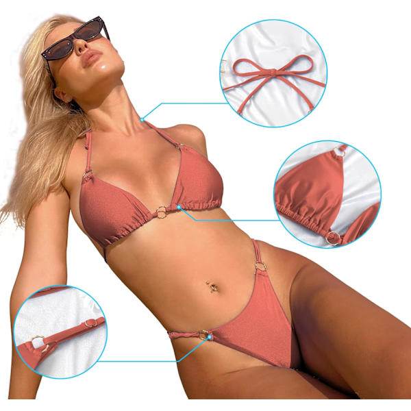 Sexiga bikinis för kvinnor 2 delar bikini spaghettiband baddräkter enfärgad badkläder triangel baddräkt Red Bean Paste M
