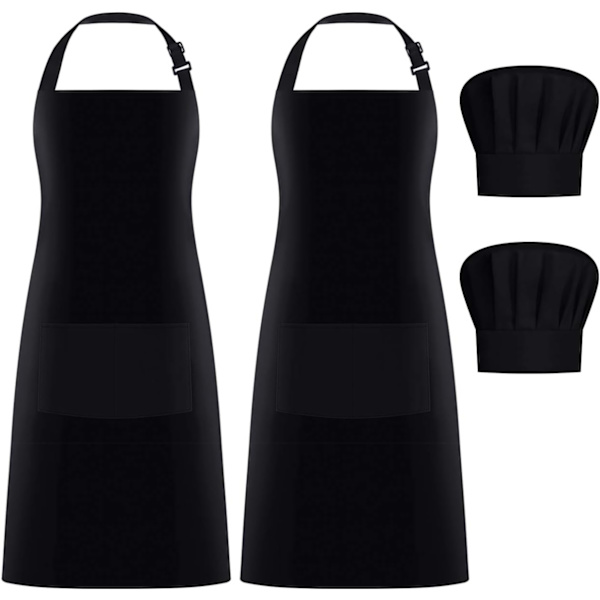 2-pack förkläde kockmössa set, justerbart haklappsförkläde bagare kockmössa kvinnor män, svart