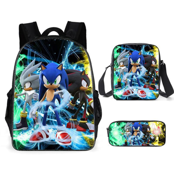 SONIC ryggsekk Sonic barneskole ryggsekk 3-delt anime tegneserie ryggsekk skulderpose pennpose Style A three-piece