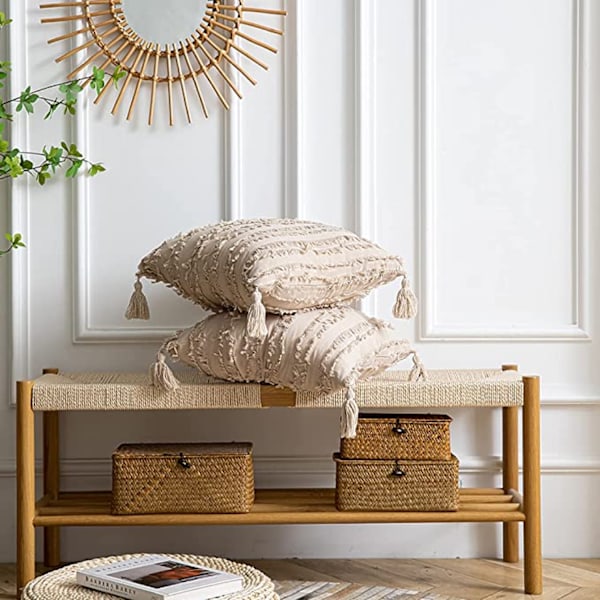 Pudebetræk 18x18 tommer Stribet Jacquard Bomuld Linned Dekorative Pudebetræk til Hjemmeindretning Sofa Landlig Stue Soveværelse（Beige）