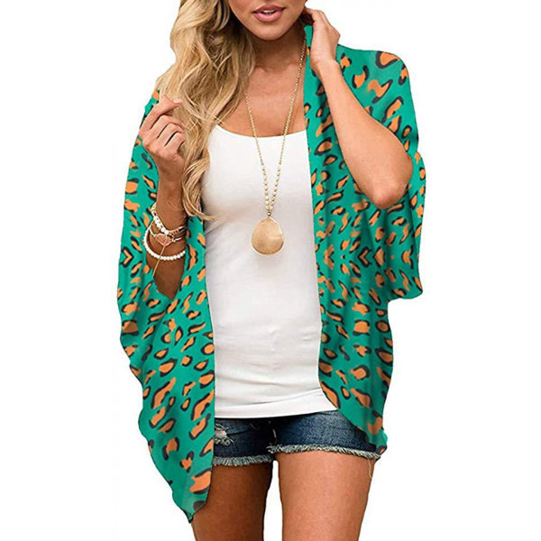 Women's Floral Print  Sleeve Kimono Cardigan Loose Cover Up Casual Blouse Tops --- Green Leopard Print （Size M）