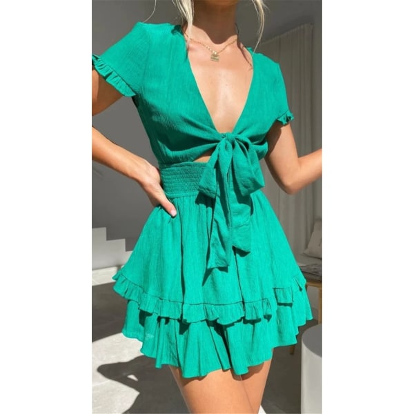 Kvinnors sommar enfärgad Knytklänning Klänning med knytband fram V-ringad kortärmad volanglager A-linje kort klänning ------ Grön（Storlek S）