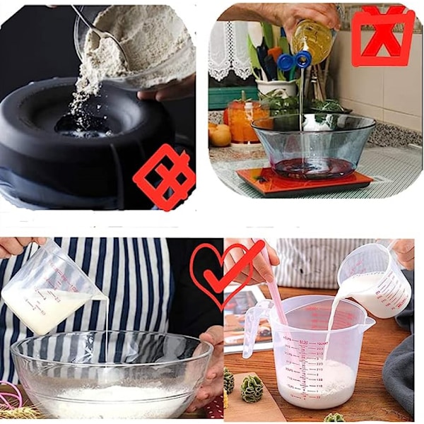 Plastmätkoppssats, 3 st BPA-fri plast, klar, värmebeständig med vinklat grepp och pip, stapelbar vätskemätkopp för köksanvändning
