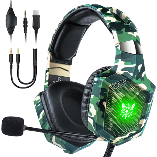 Gamingheadset med mikrofon, Gaminghörlurar för PS4 PS5 Xbox One PC med LED-lampor, Playstation-headset med brusreducering