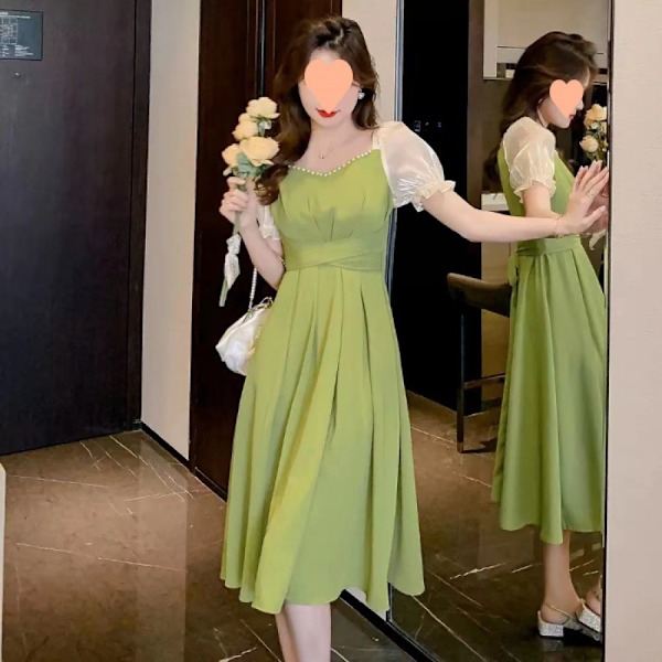 Kvinders Casual Sommer Midi Kjole Puffy Kort Ærme Firkantet Hals Smocked Lagdelt Ruffle Kjoler(Grøn M)