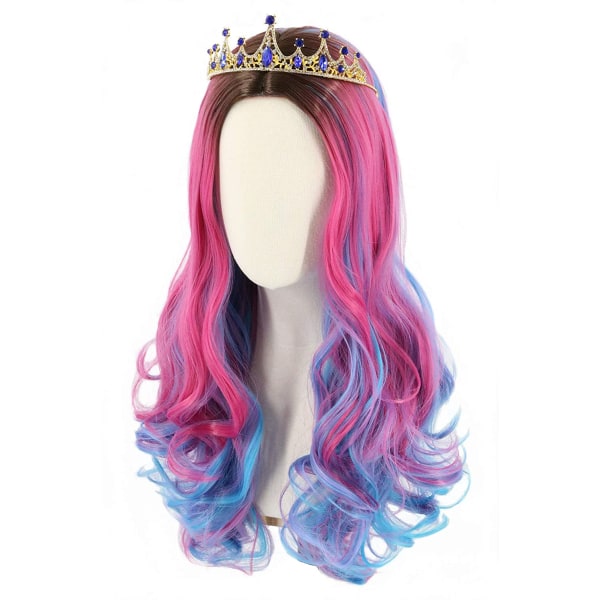 Wekity Audrey peruk och krona för barn flickor lång vågig rosa blå peruk