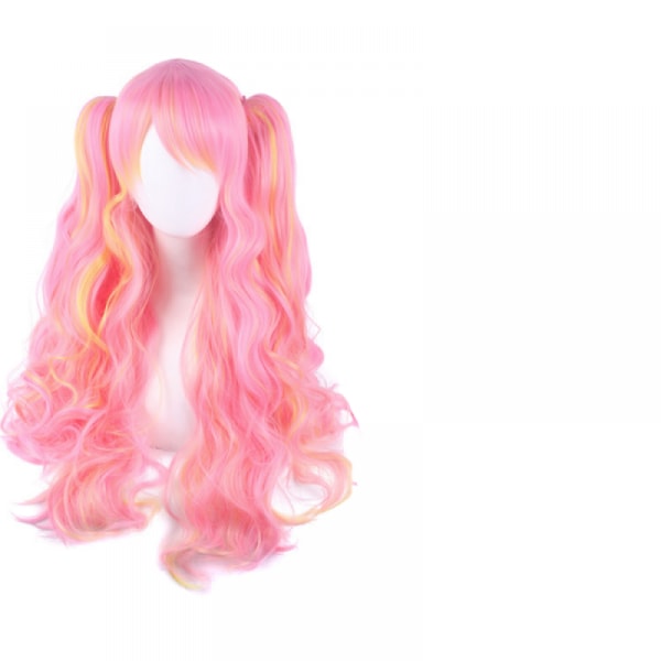 Flerfärgad Lolita Long Lockig Clip on Ponytails Cosplay Peruk (rosa/blond)