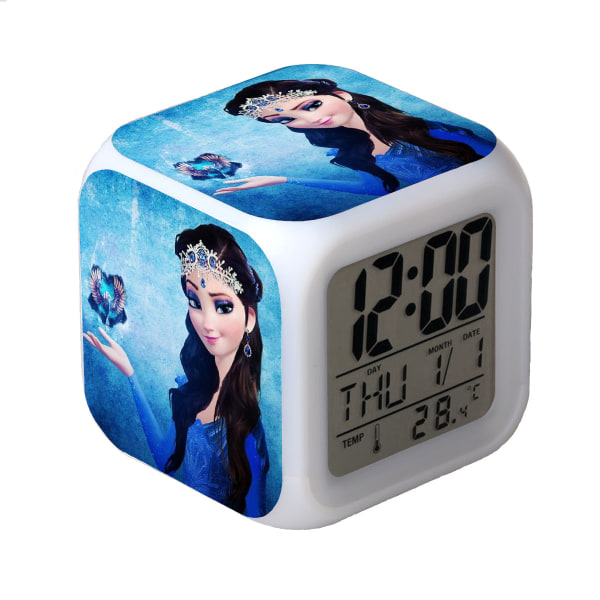 Frozen färgglad glödande LED-väckarklocka Anime Cartoon Barn Fyrkantig klocka Digital väckarklocka med tid, temperatur, alarm, datum