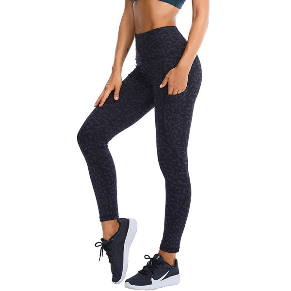 Yogabyxor med hög midja för kvinnor med fickor, leggings med fickor, träningsyoga för magen (svarta vattenmärken)