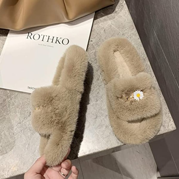 Dam Fluffy Plush Furry Tofflor Öppen Tå Fleece Slip on Tofflor Non Slip Husskor Slides Inomhus Utomhus（Blomma Khaki）