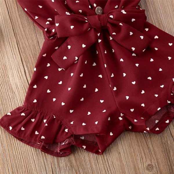Baby Girl Alla hjärtans dag Romper Body Print Ärmlös rem Volang Jumpsuit Outfit---Vinröd（100 cm）