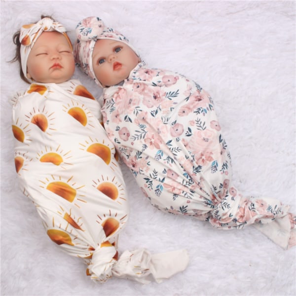 Nyfödd swaddle set med matchande hatt och pannband rosett, baby startle swaddle wrap
