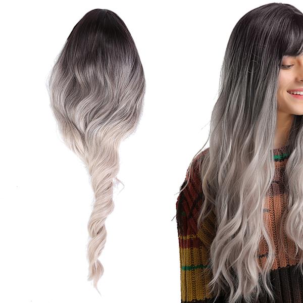 lc202‑2 Svart Gradient Beige Lång Vågig Peruk Kvinnor Långt Hår Peruker Falskt Hår 65cm