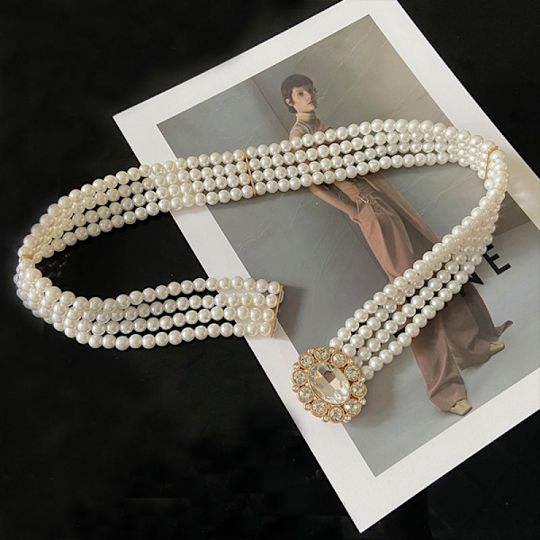60-80cm [fire rækker diamanter spænder] perle bælte damer mode dekoration damer talje kæde enkel rhinestone indlagt perler elastisk elastisk bælte