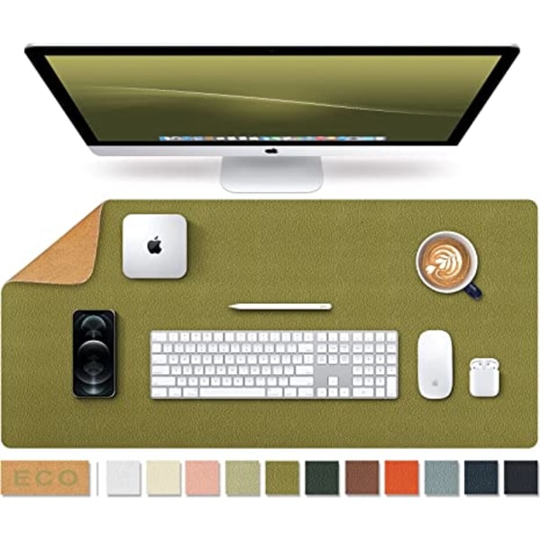 Large natural cork and leather waterproof keyboard pad, office / home / game / decorative desktop mouse pad (Olive green, 23.6 x 11.8 inch)