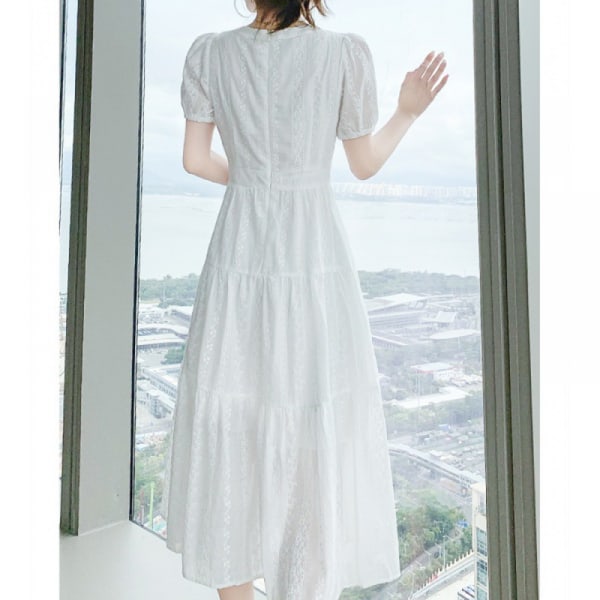 Kvinnors spets blommig lång klänning kortärmad bohemisk strandklänning Vit lång maxiklänning (vit L)