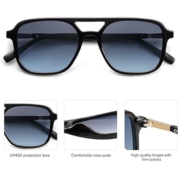 Retro Aviator -aurinkolasit naisille ja miehille, trendikkäät suorakulmaiset naisten ja miesten aurinkolasit SJ2202 Black Frame/Blue Grading Lens