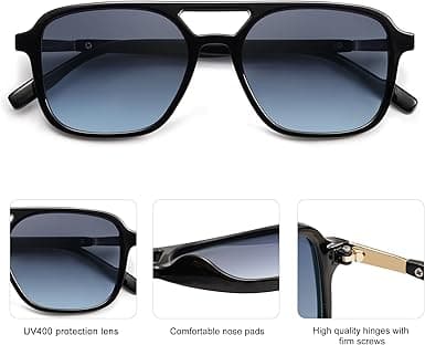 Retro Aviator Solglasögon för Kvinnor Män, Trendiga Rektangulära Dam Herr Solglasögon SJ2202 Black Frame/Blue Grading Lens