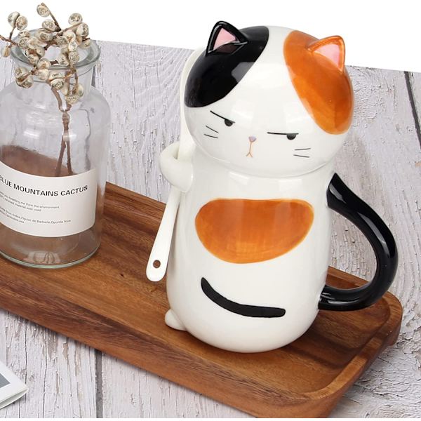15 oz söt keramisk kaffemugg med lock och sked, bedårande katt tekopp för kvinnor, damer 3D Kawaii kattkaffe