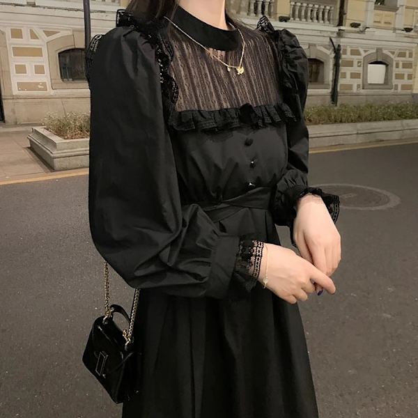 Kvinners langærmet ensfarget firkantet hals rynket høy midje kjole blonder-up casual elegant midi kjoler(Svart M)