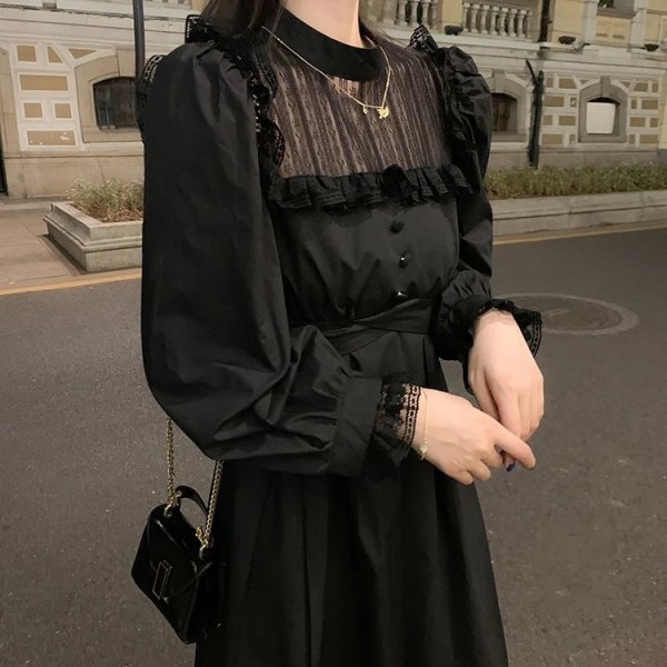 Långärmad enfärgad fyrkantig hals, rynkig klänning med hög midja, snörning Casual Eleganta midiklänningar (svart M)