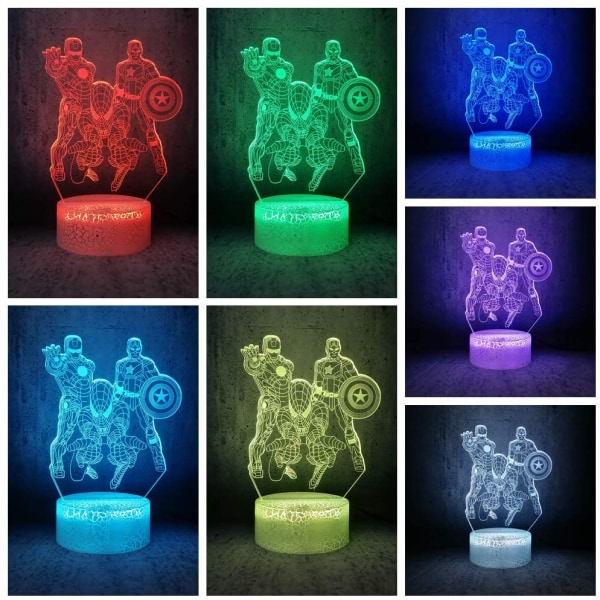 7 färgskiftande nattlampa 3D-atmosfär Glödlampa 3D Visual Illusion LED-lampa för barn Leksak Födelsedagspresenter - Spiderman, Iron Man, Captain America
