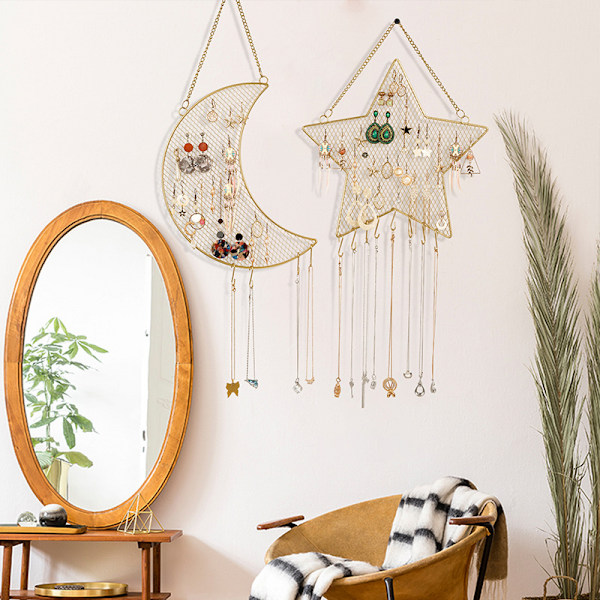 2 st örhänge vägg hållare väggmonterad örhänge dekorativ diamant rutnät form smycken display rack (stjärna och måne form) guld