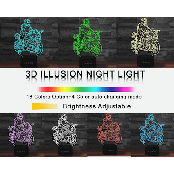 Motorsykkel 3D Illusions nattlys med 16 fargeendringer, berøringskontroll og fjernkontroll, hjemmedekorasjon, LED, julegave, bursdagsgave til motorsykkelentusiaster