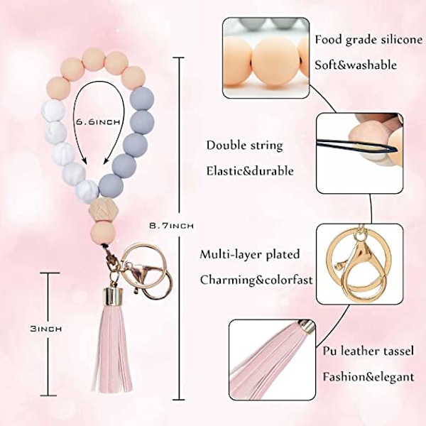 Silikone nøglering armbånd håndledsrem nøglering unik perlearmbånd nøgleringe med læderkvast Anti-lost nøglering (læder pink)