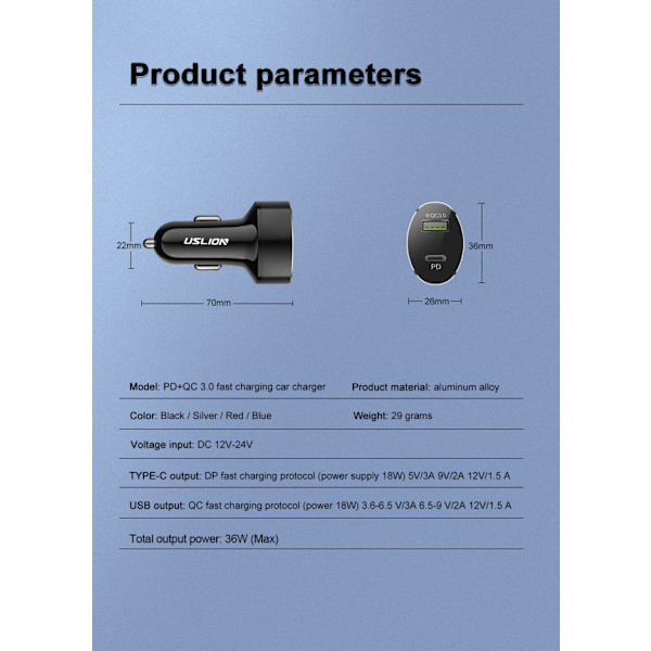 36W Lader PD+QC3.0 USB Bil Lader - (Rød) (Ett Sett)