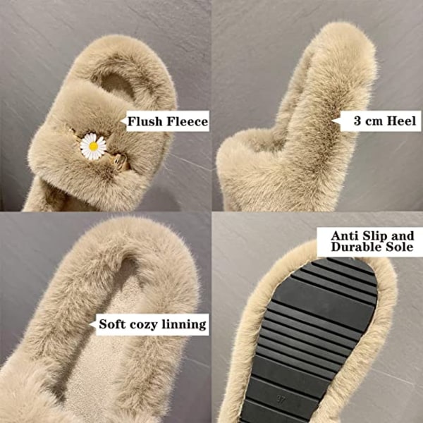 Dam Fluffy Plush Furry Tofflor Öppen Tå Fleece Slip on Tofflor Non Slip Husskor Slides Inomhus Utomhus（Blomma Khaki）