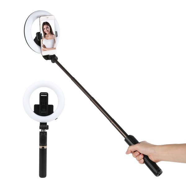Trådløs Bluetooth Selfie Ring Fylllys Mini Utvidbar Selfie Stick Stativ Svart