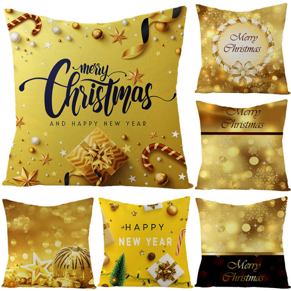 Jul Kasta Kuddfodral 18 x 18 Tum Jul Dekorationer Gyllene Serietecknad Tryck Linne Kuddfodral för Soffa Kuddfodral Soffa (Guld 36)