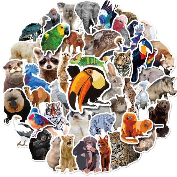 Animal Monkey Parrot Elephant Lion Stickers, set med 50, vattentät och UV-beständig, perfekt för alla dina prylar