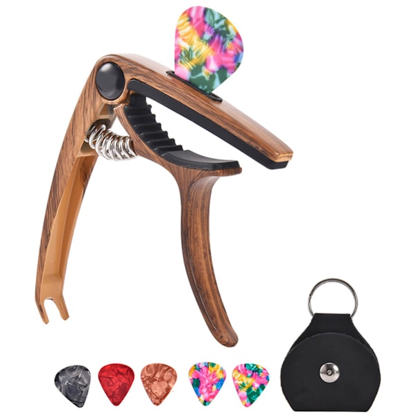 Gitarr Capo Plektrum Set Legering Trä Korn Blank Universal Capo med Plektrum Väska för Prestanda