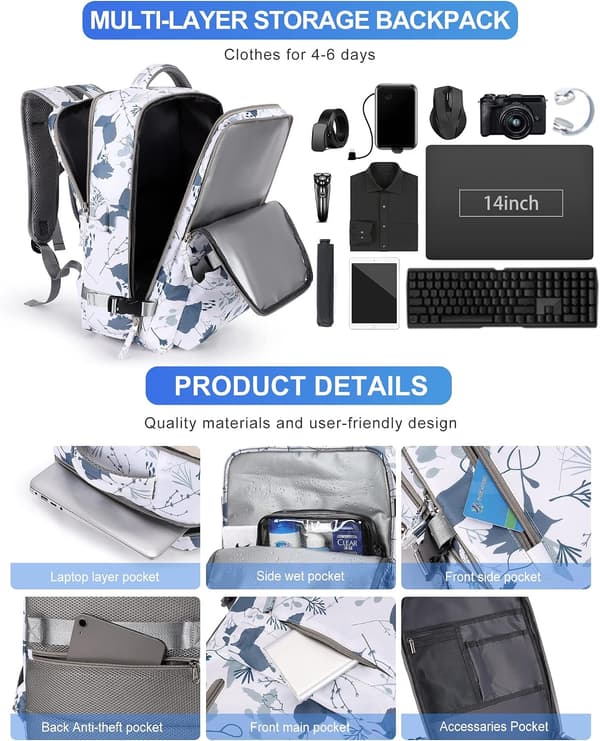Vanntett reise-laptopryggsekk med tyverisikring A8-white with leaf pattern Lrande