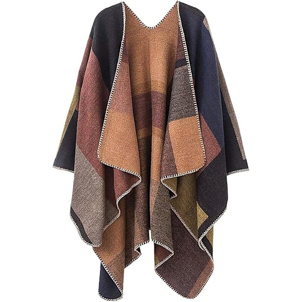 Damekappe med åpen front, reiseponcho, varm overdimensjonert pleddgenser, avslappet cardigan, sjal for høst og vinter, khaki