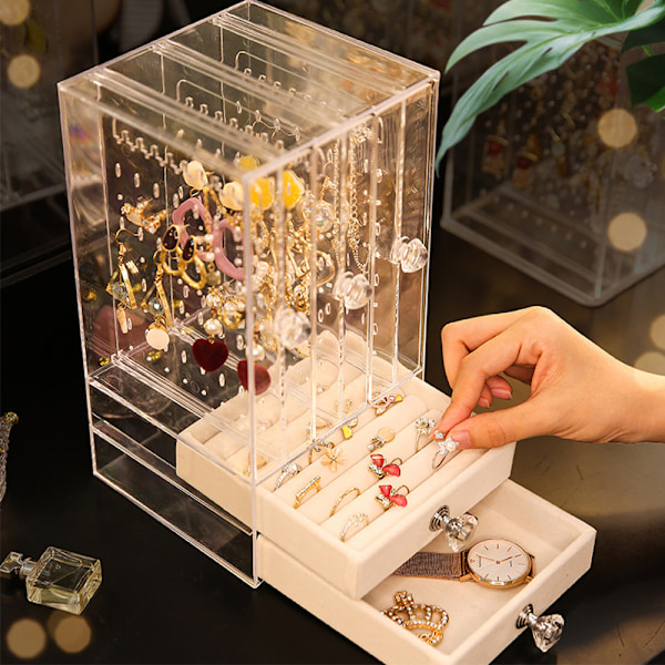 Orgrimmar Akryl Smykkeskrin Ørepynt Display Stativ Organizer Holder med 3 Vertikale Skuffer (Transparent)