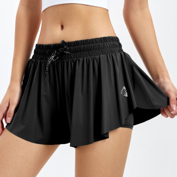 AVEKI Löparshorts med dubbla lager för kvinnor, snab torkande, gym, atletiska damträningskläder, loungewear, svett kjol, sommar --- Svart (storlek L)