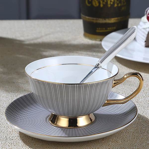 Kaffekopp och fat set - 6,7 oz benporslin tekopp med fat och sked - Fantasifull kopp för kontor, soffbord eftermiddagste (blå)