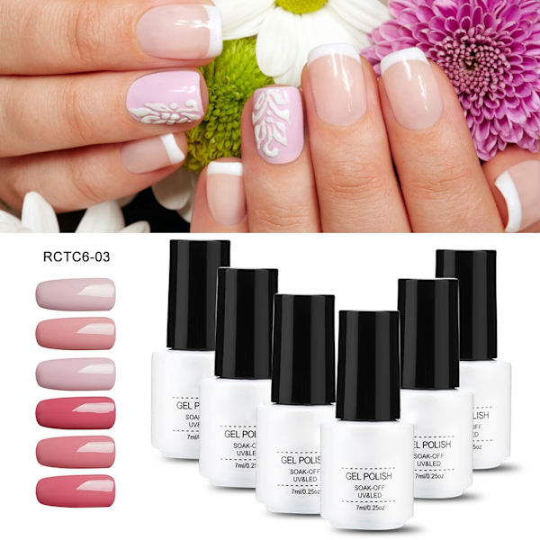 6 stk. 7 ml neglelak glitter skinne soak off langtidsholdbar UV LED gel polish manicure (RCTC6-03)