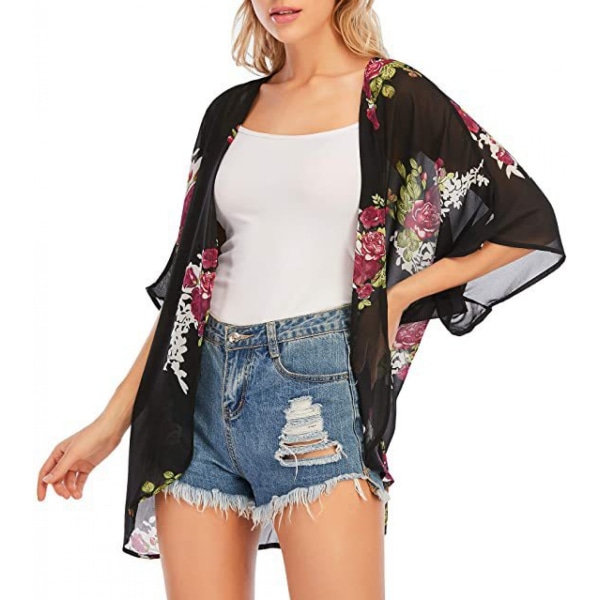 Dame Floral Print  Ærme Kimono Cardigan Løs Cover Up Casual Bluse Toppe --- Sort Blomst （Størrelse XXL）