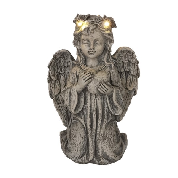 Engel hagestatue utendørs dekor, engel hagefigur med solcellelys  harpiks hagekunstdekorasjon plenornament skulptur
