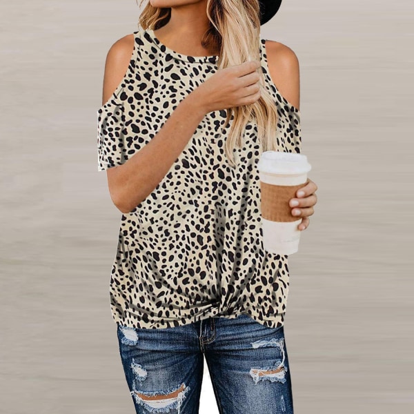 Kvinners T-skjorte Leopard Print Topper Korte Ermer Casual Cold Shoulder Twist Bluser, Apricot (XL)