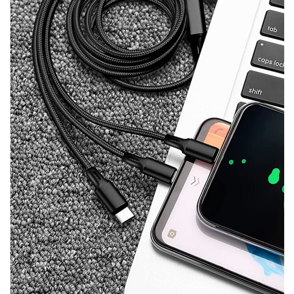 Universaali 3-in-1 Nylon-punottu USB-latauskaapeli, 4 jalkaa/1,2 m, 3A (IP + Type-C + Micro-USB) - Musta
